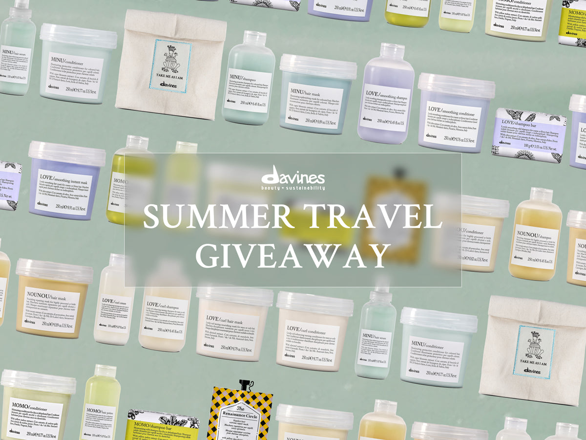 Collection of skincare products with 'Davines Summer Travel Giveaway' text overlay on a green background
